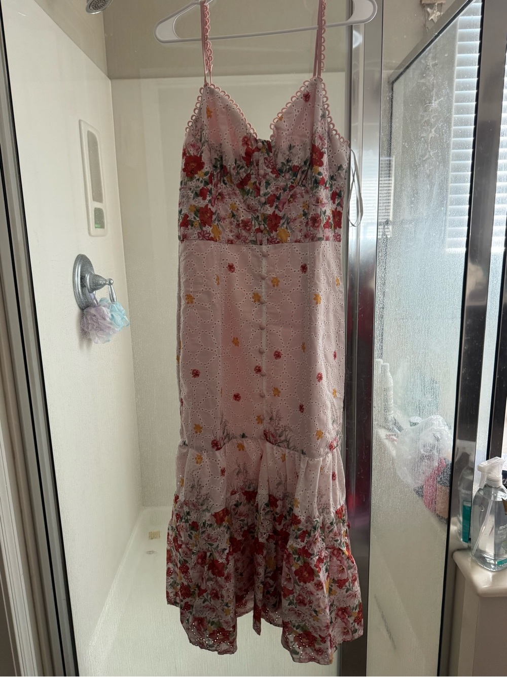 Floral Eyelet Pink Midi Dress with Spaghetti Straps Just Me